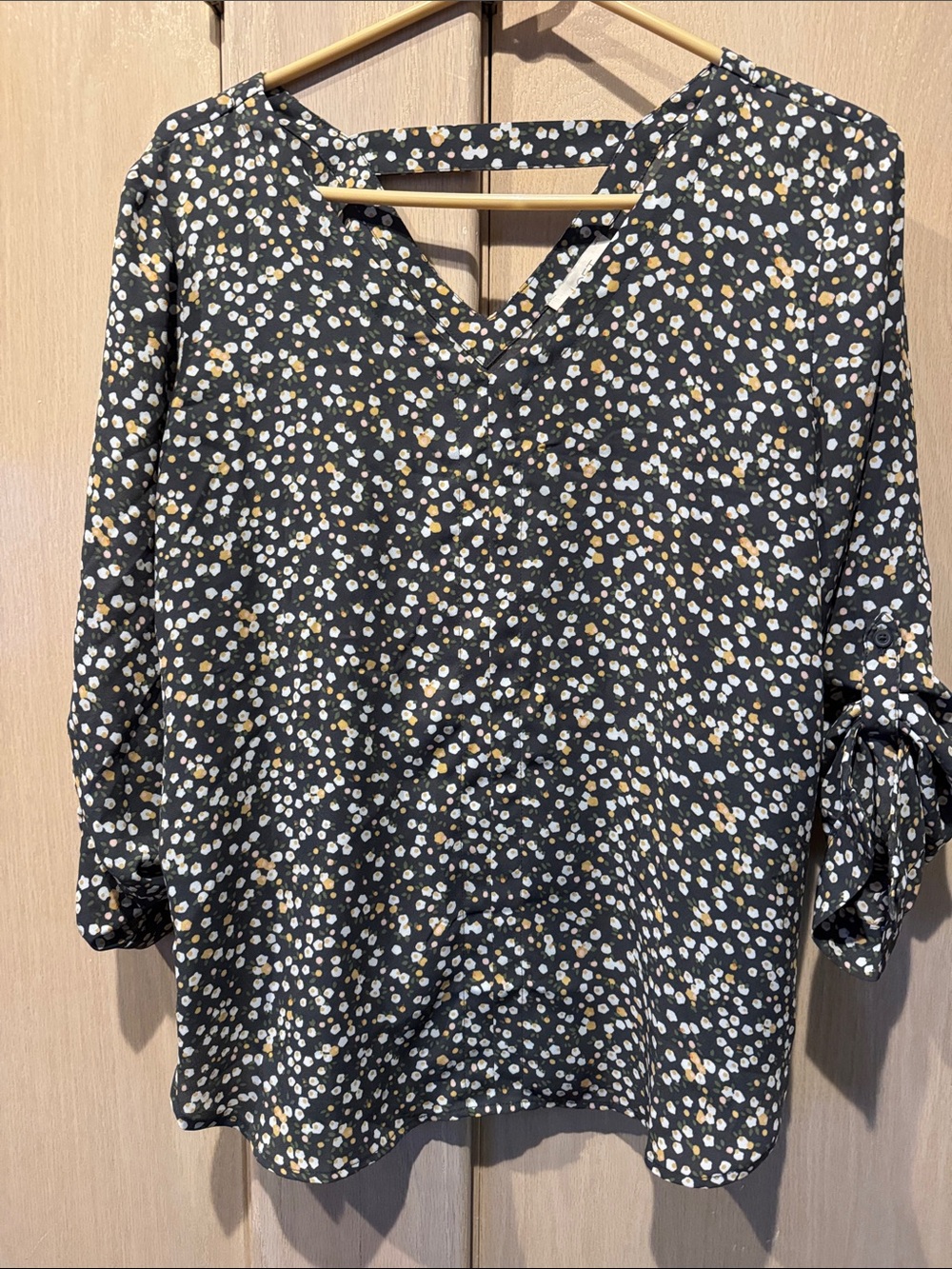 LOFT Black V-Neck Blouse with White and Mustard Dot Print